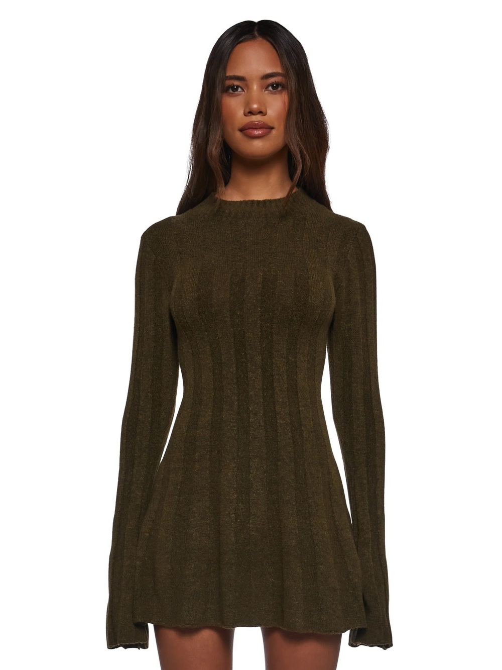 Doll’s Kill - Current Mood Olive Ribbed Long-Sleeve Knit Mini Dress